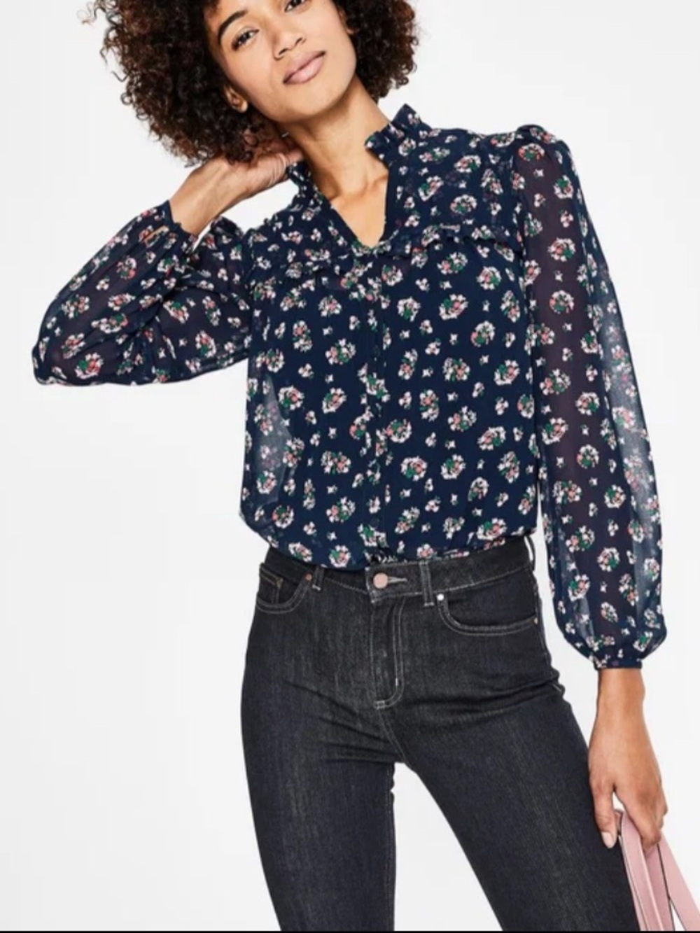 Boden Anya Navy Floral Ruffle-Neck Chiffon Long-Sleeve Blouse Size 10